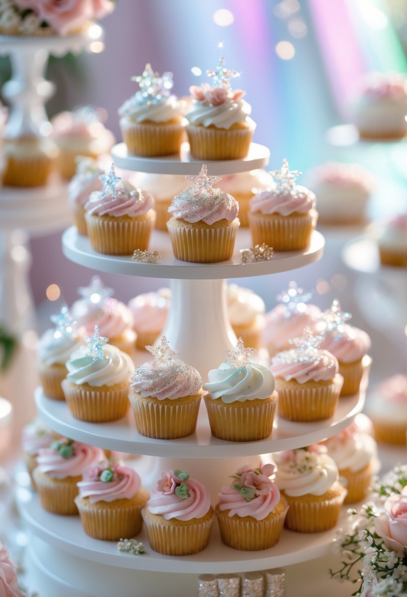 A display of cupcakes decorated with edible glitter and sparkles arranged on a tiered stand.