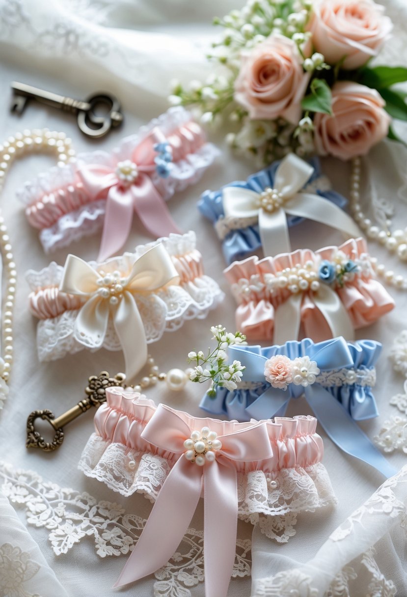 Close-up of several handcrafted wedding garters arranged on lace fabric with small flowers and a pearl necklace nearby.