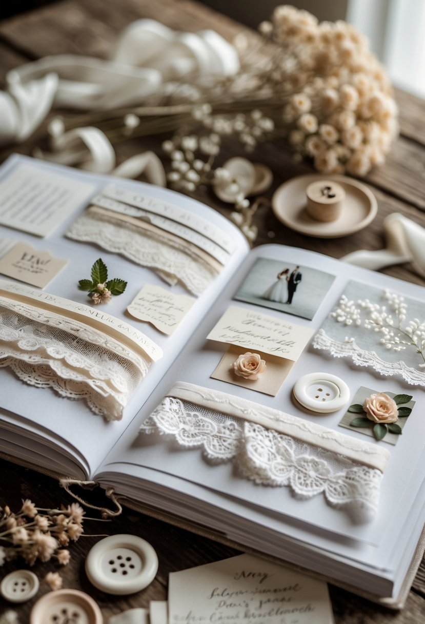 An open scrapbook on a wooden table with fabric swatches, lace, photos, and wedding keepsake items arranged around it.