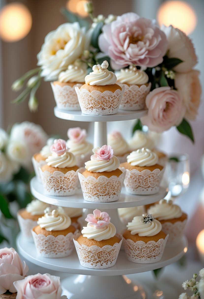 A display of cupcakes wrapped in delicate lace wrappers arranged on a tiered stand with soft flowers around them.