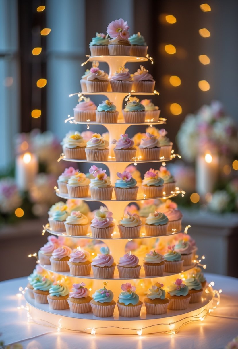 A multi-tiered cupcake tower decorated with pastel frosting and fairy lights at a wedding reception.