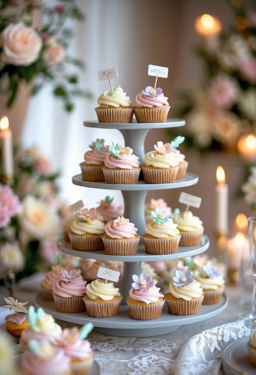 Mini cupcakes decorated with pastel frosting and edible flowers arranged on a tiered stand at a wedding display.