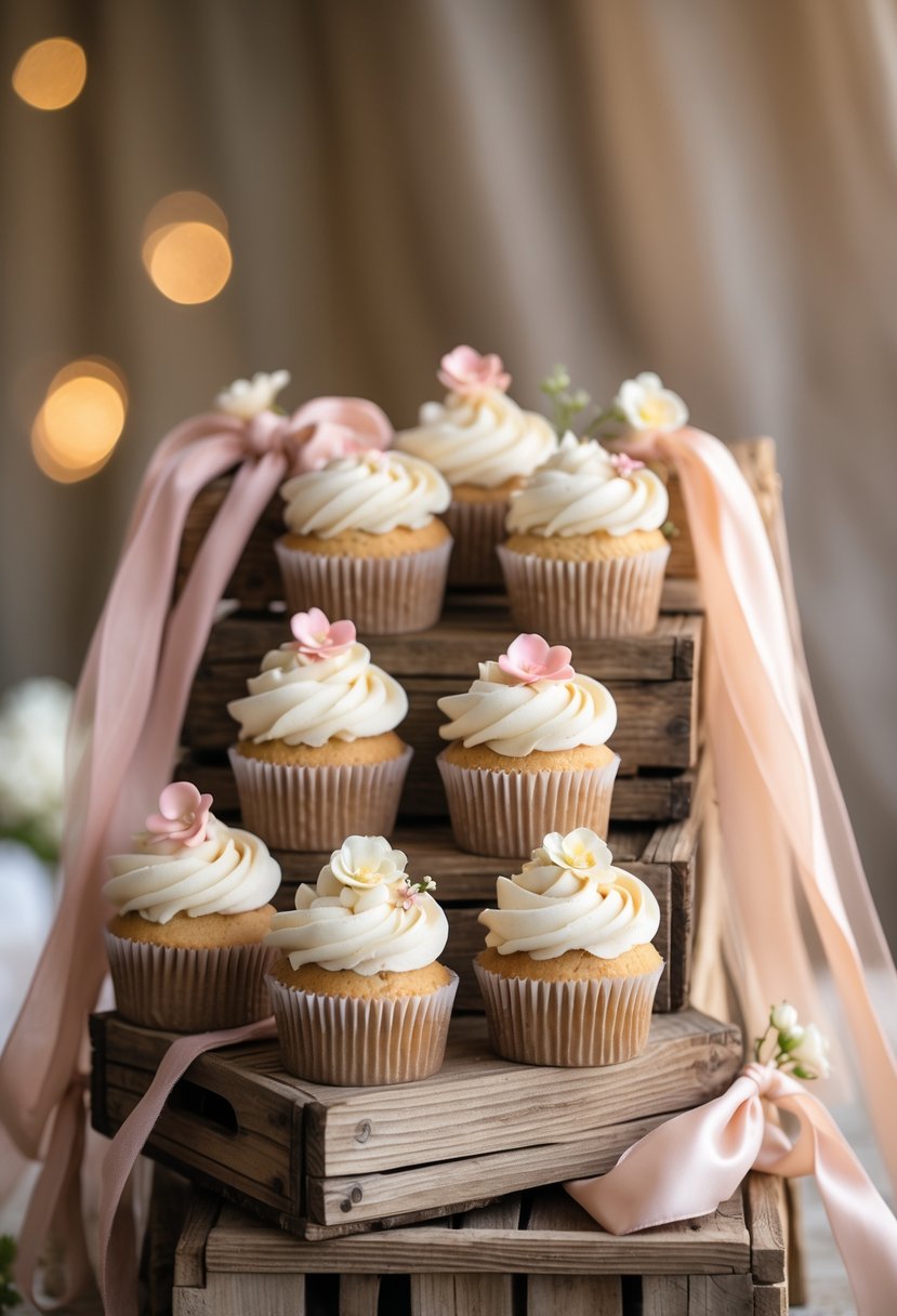 A rustic wooden crate display with burlap and ribbons holding decorated wedding cupcakes.
