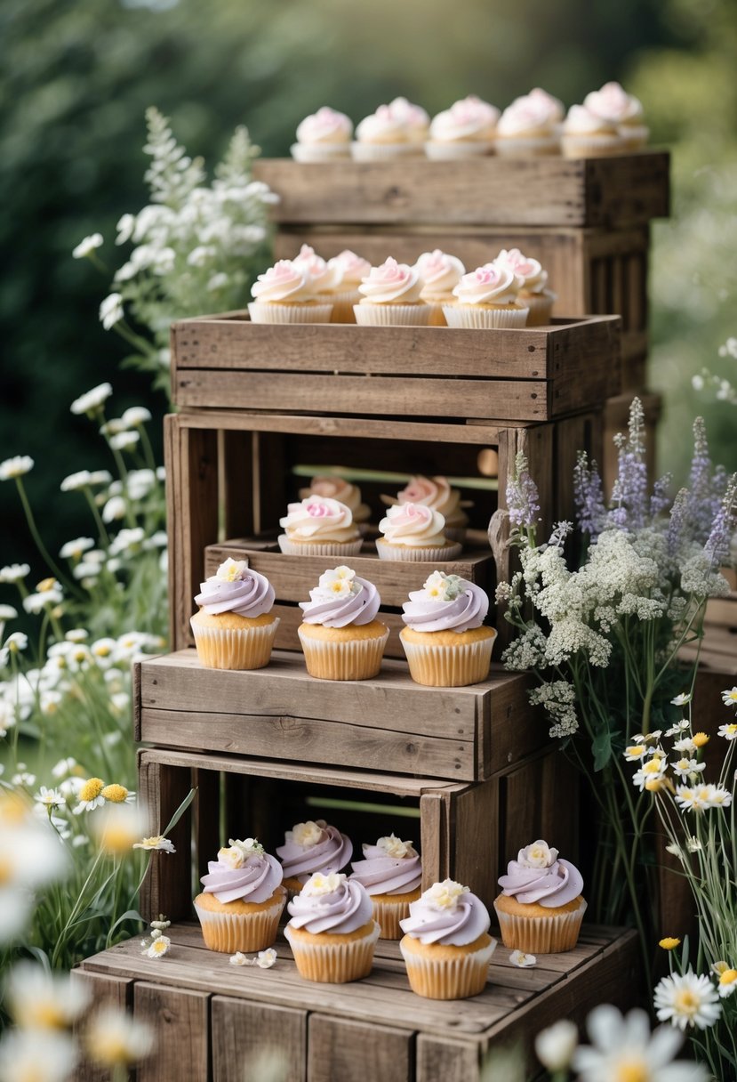 A rustic wooden crate display holding decorated cupcakes with wildflowers arranged around them outdoors.