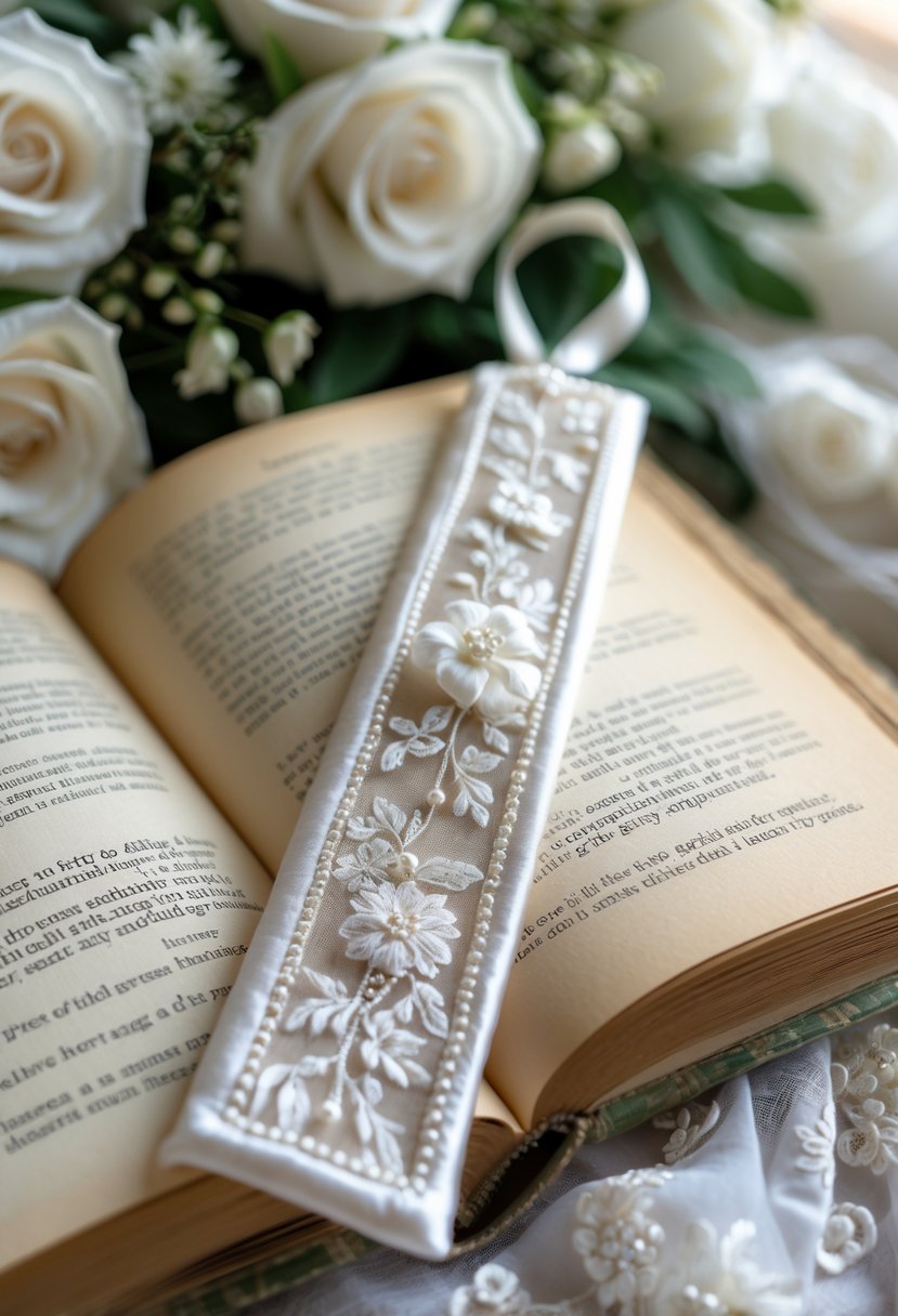 A delicate bookmark made from wedding dress fabric resting on an open book surrounded by white roses.