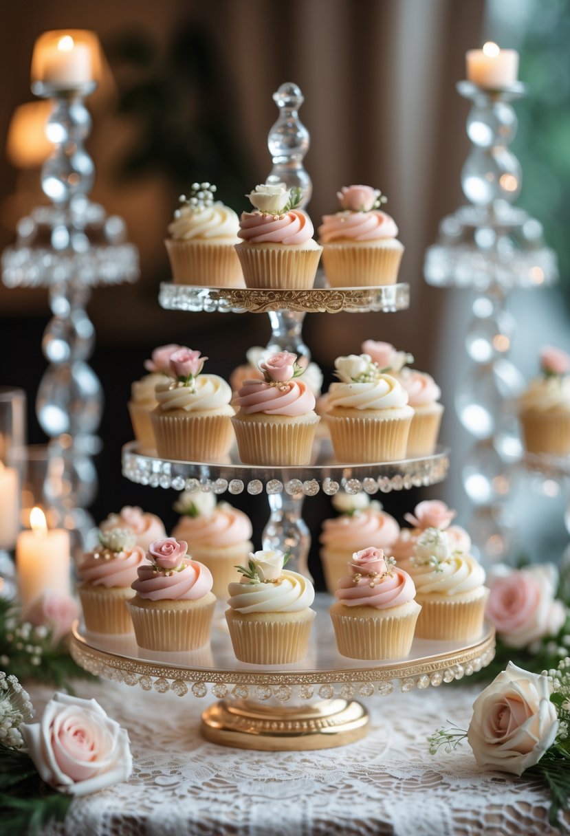 A multi-tiered cupcake stand with pastel decorated cupcakes on a lace-covered table surrounded by candles and flowers.