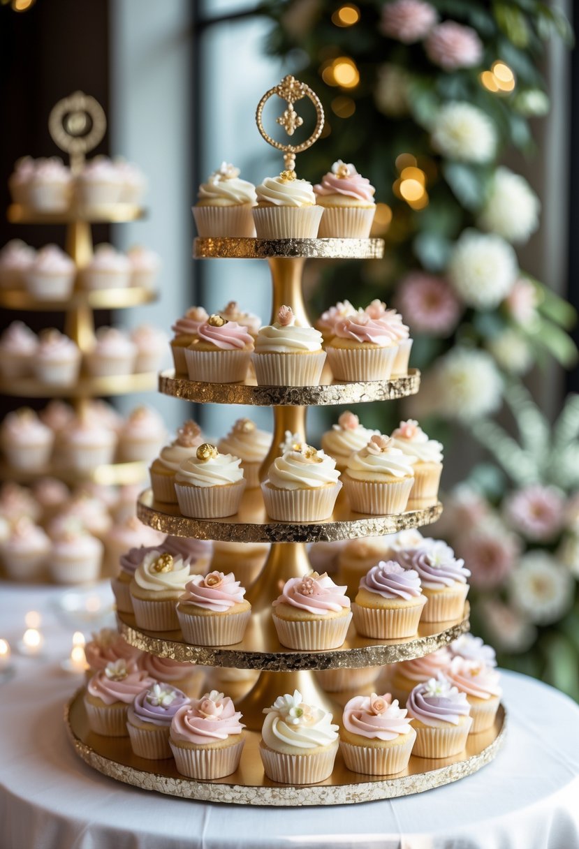 A tiered cupcake display with gold leaf accents holding pastel-colored decorated cupcakes on a white table at a wedding venue.