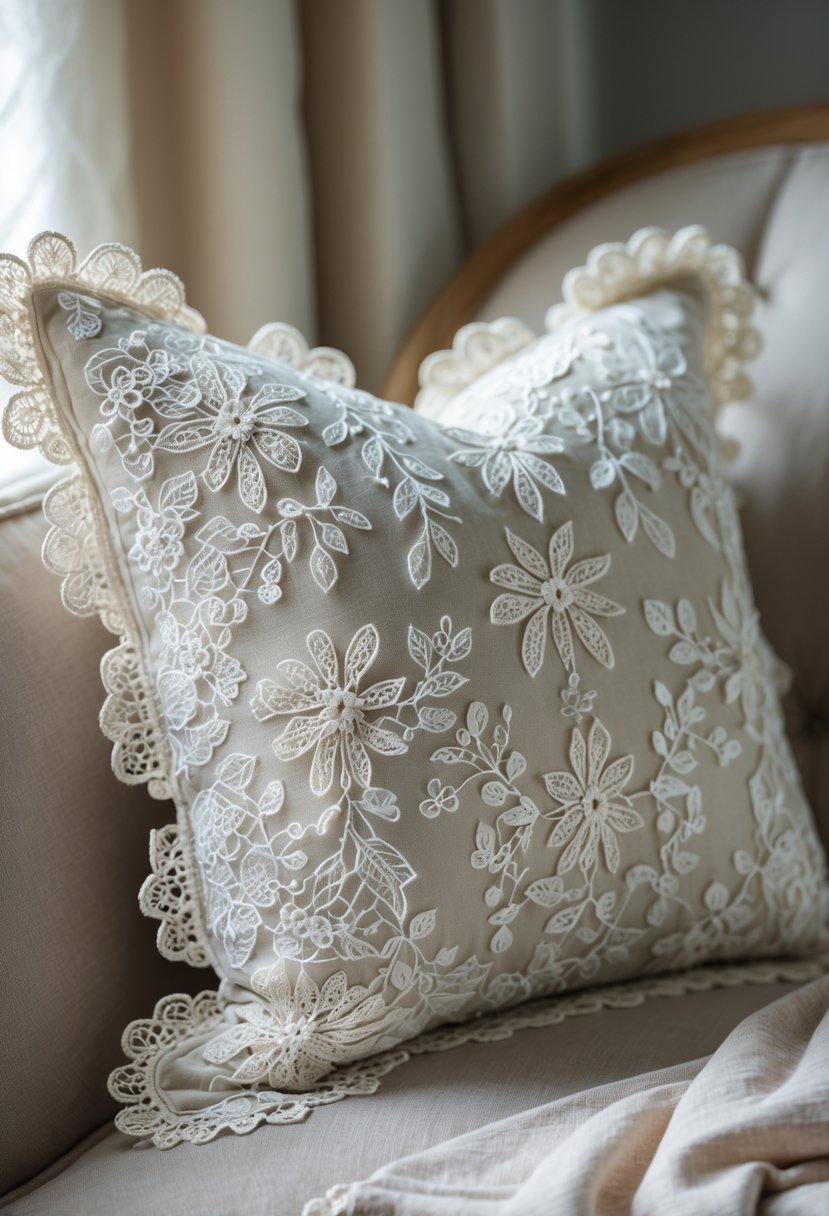 A decorative lace pillow placed on a soft surface with delicate floral patterns.
