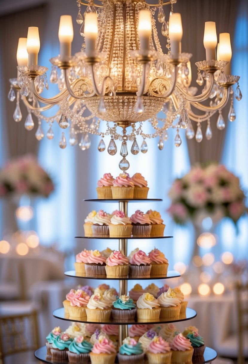 A chandelier hanging above a multi-tiered display of decorated wedding cupcakes in an elegant setting.