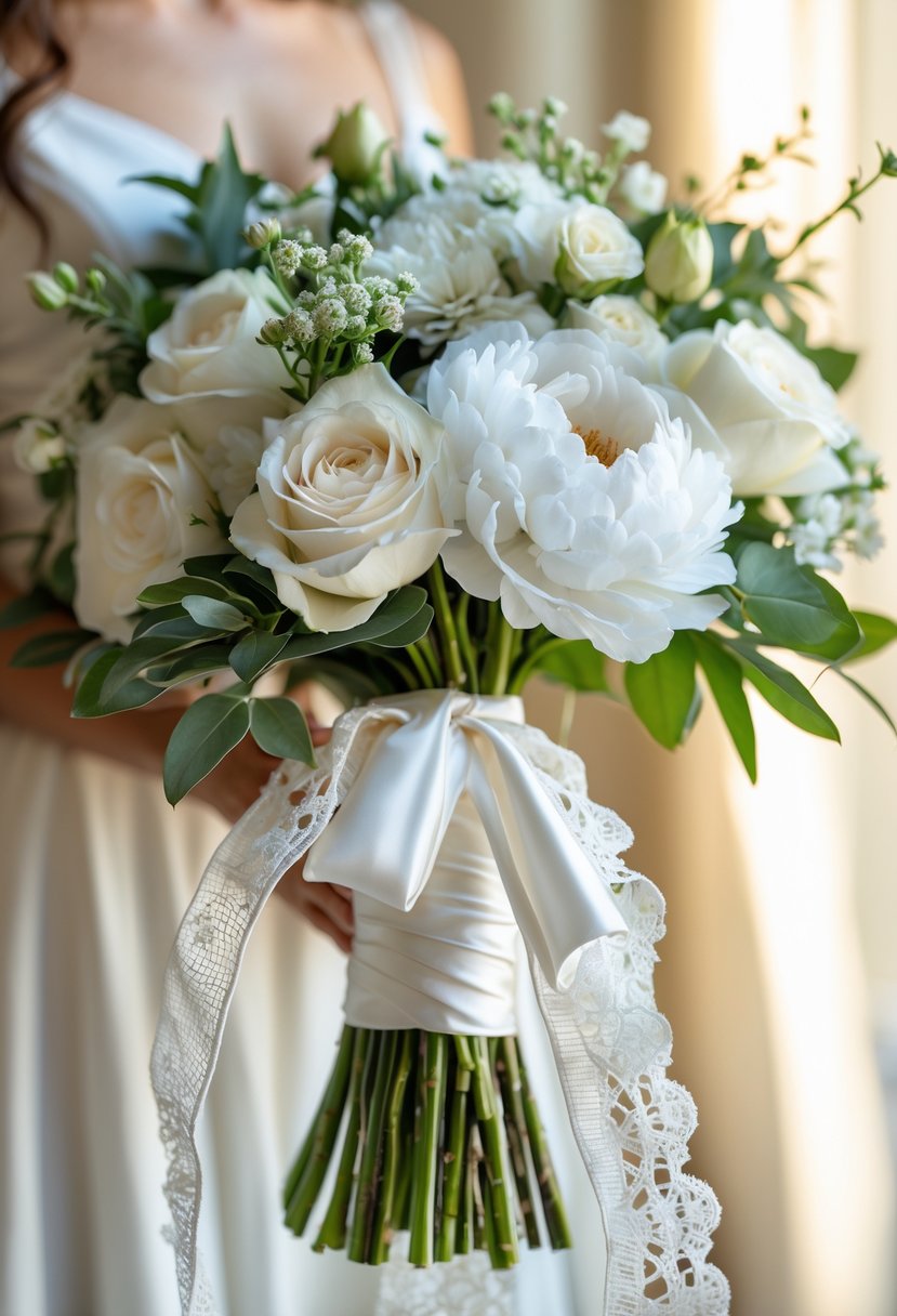 Close-up of a bridal bouquet wrapped with white fabric from a wedding dress, featuring white flowers and greenery.