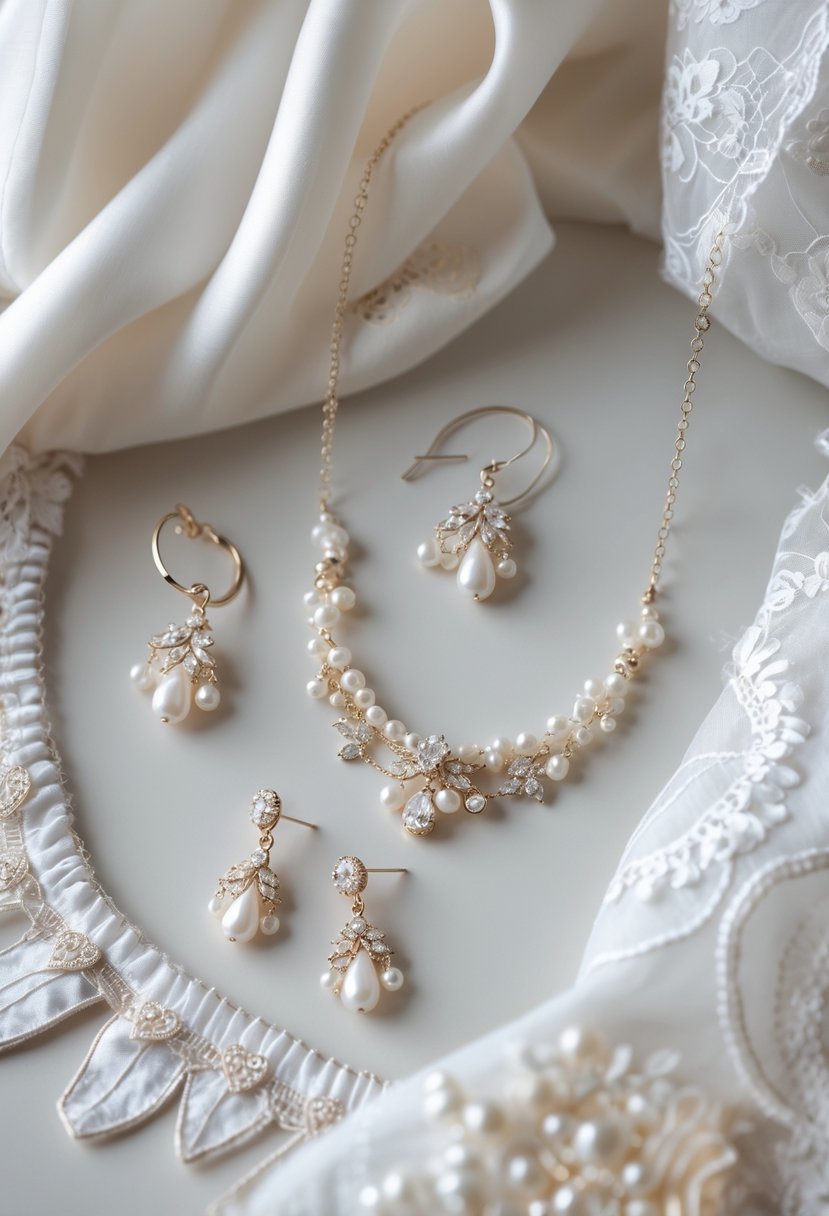 Custom earrings and necklace inspired by a classic wedding dress displayed with lace fabric on a neutral background.