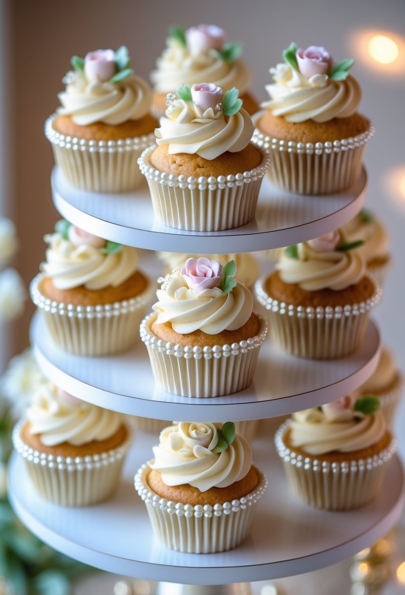 A display of cupcakes wrapped in pearl-trimmed wrappers arranged on a white multi-tiered stand.