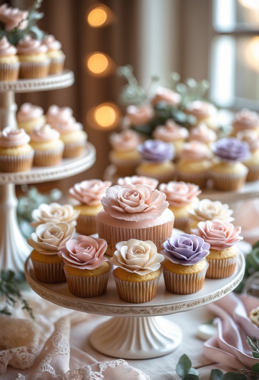 A tiered display of wedding cupcakes decorated with delicate handcrafted sugar flowers in pastel colors.