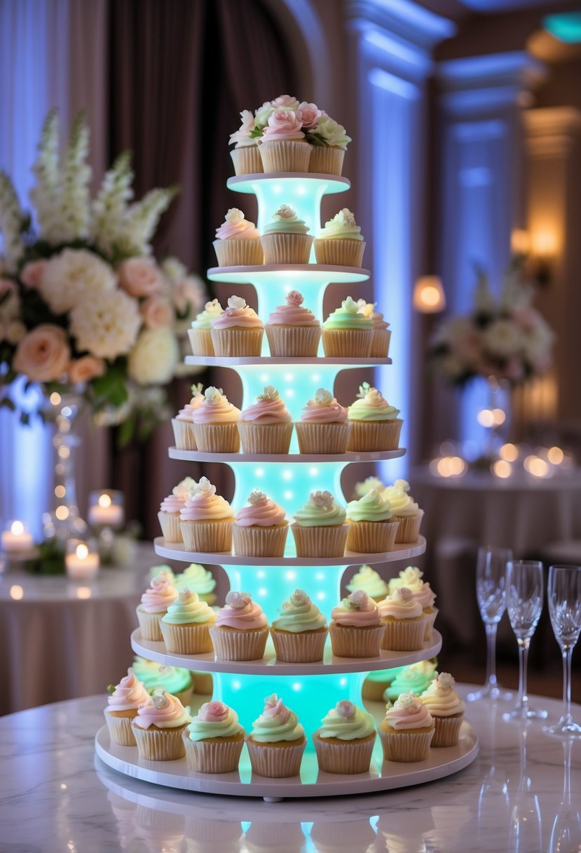 A multi-tiered wedding cupcake tower illuminated by soft glow-in-the-dark LED lights, surrounded by elegant floral arrangements and wedding decorations.