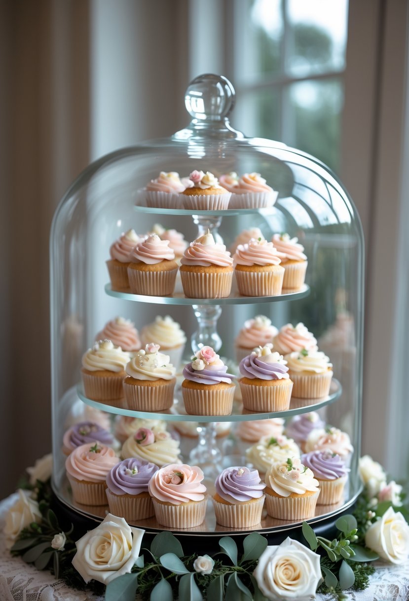 A multi-tiered cupcake stand with various decorated cupcakes covered by a clear glass dome on a lace-covered table with flowers around it.