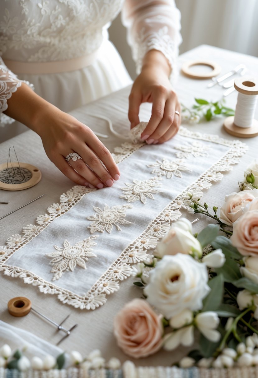 Hands sewing a decorative white table runner with lace and embroidery on a worktable with sewing tools.