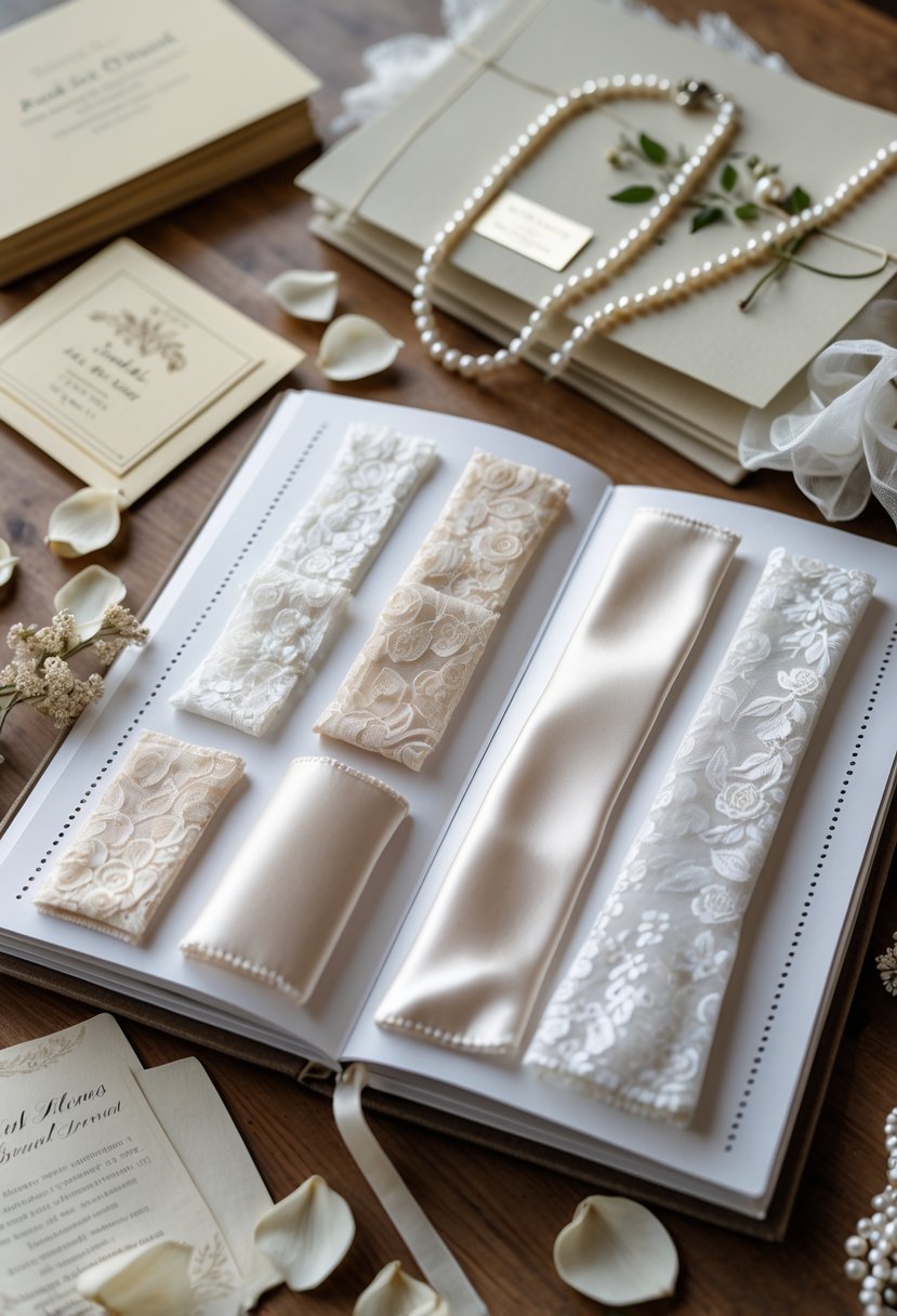 An open memory journal with fabric swatches from a classic wedding dress, surrounded by wedding keepsakes on a wooden table.