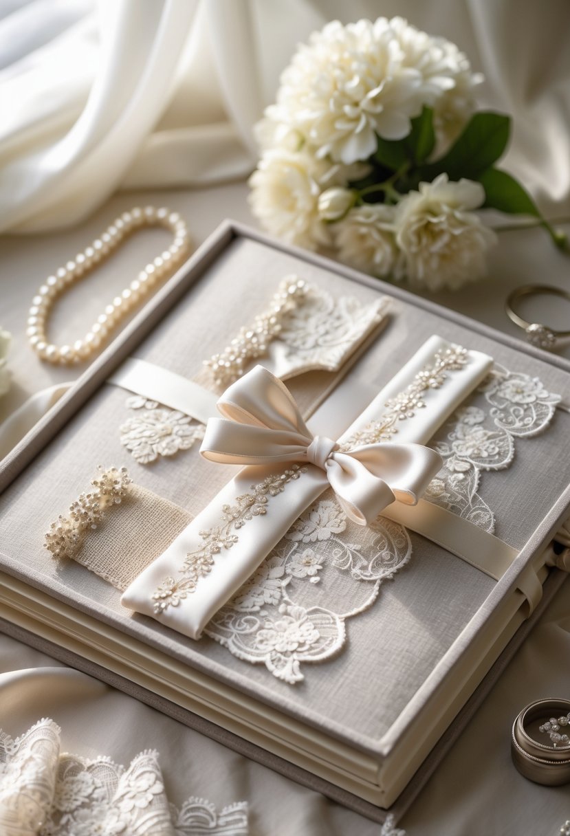 An open fabric-covered photo album displaying delicate wedding dress fabric pieces and surrounded by wedding-themed items on a soft surface.