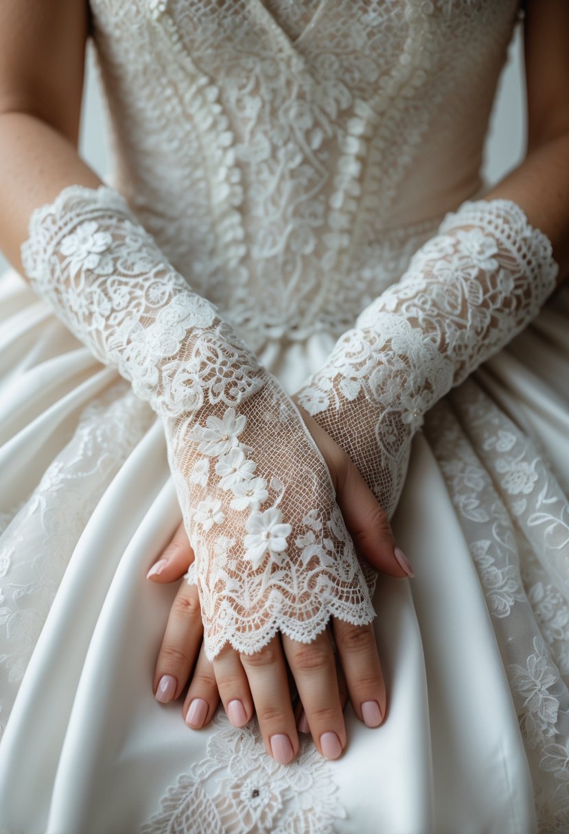 Hands wearing delicate fingerless lace gloves resting on a white wedding dress.