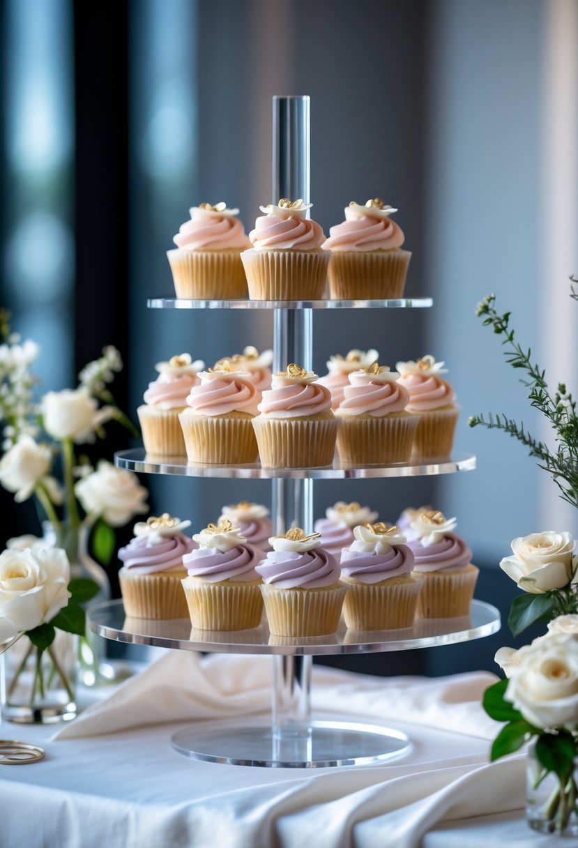 A multi-tiered cupcake stand with pastel-colored frosted cupcakes decorated with edible flowers, displayed on a table with wedding decorations in the background.