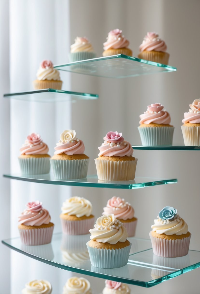 A display of cupcakes arranged on floating glass shelves against a neutral background.