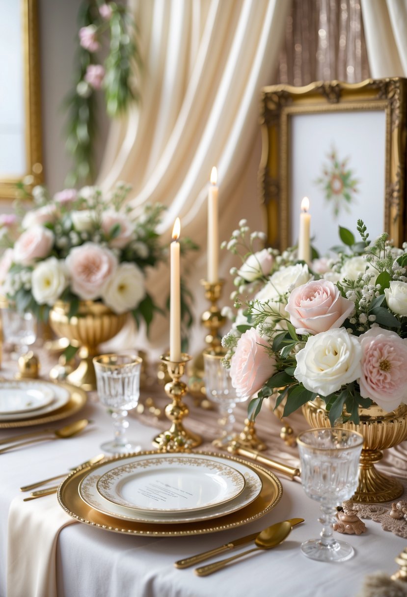 A beautifully decorated wedding shower table with flowers, candles, and elegant tableware arranged for a celebration.