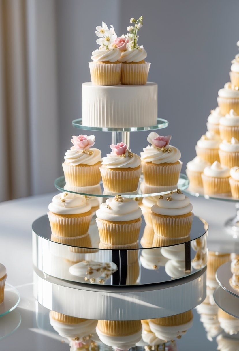 A multi-tiered cupcake display with decorated cupcakes on a reflective mirror base at a wedding setting.
