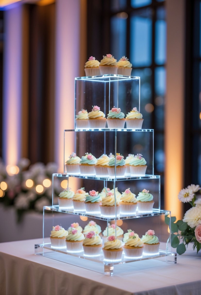 A modern wedding cupcake display with illuminated LED tiers holding decorated cupcakes at a wedding reception.