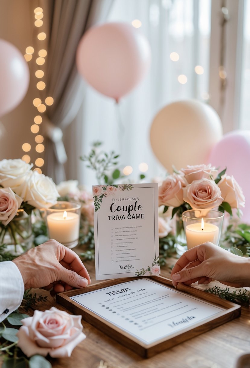 A couple playing a trivia game at a decorated table with flowers and candles during a wedding shower.