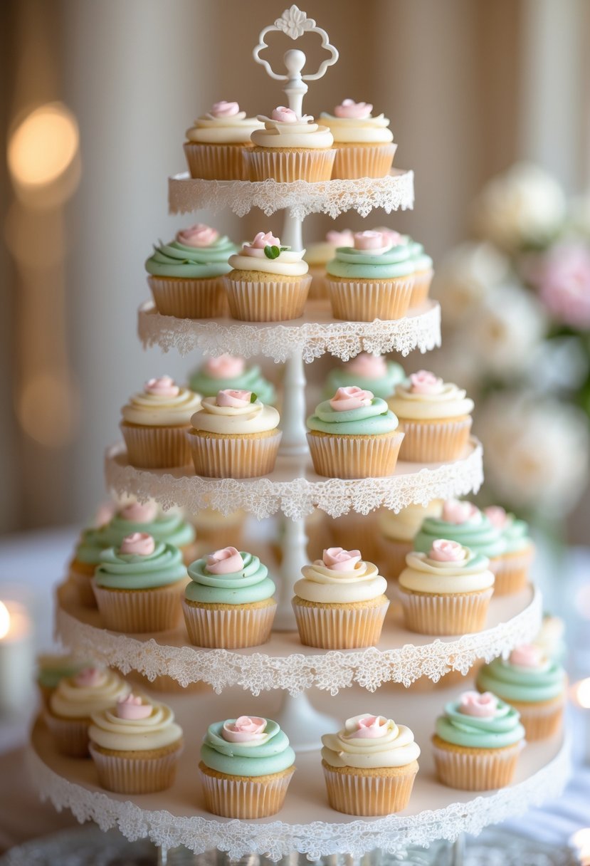 A tiered cupcake stand with white lace accents holding decorated cupcakes arranged on multiple levels.