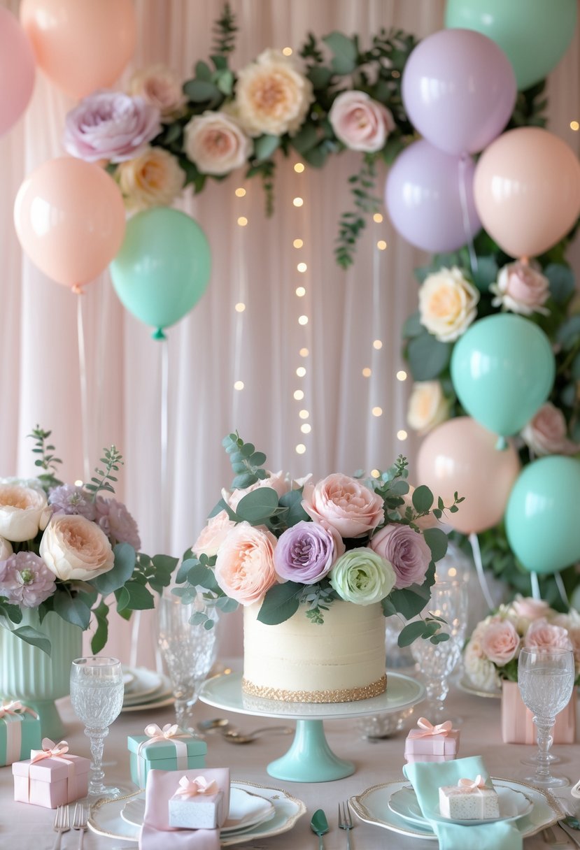 An elegantly decorated wedding shower table with pastel flowers, balloons, a tiered cake, and gift boxes in a softly lit room.