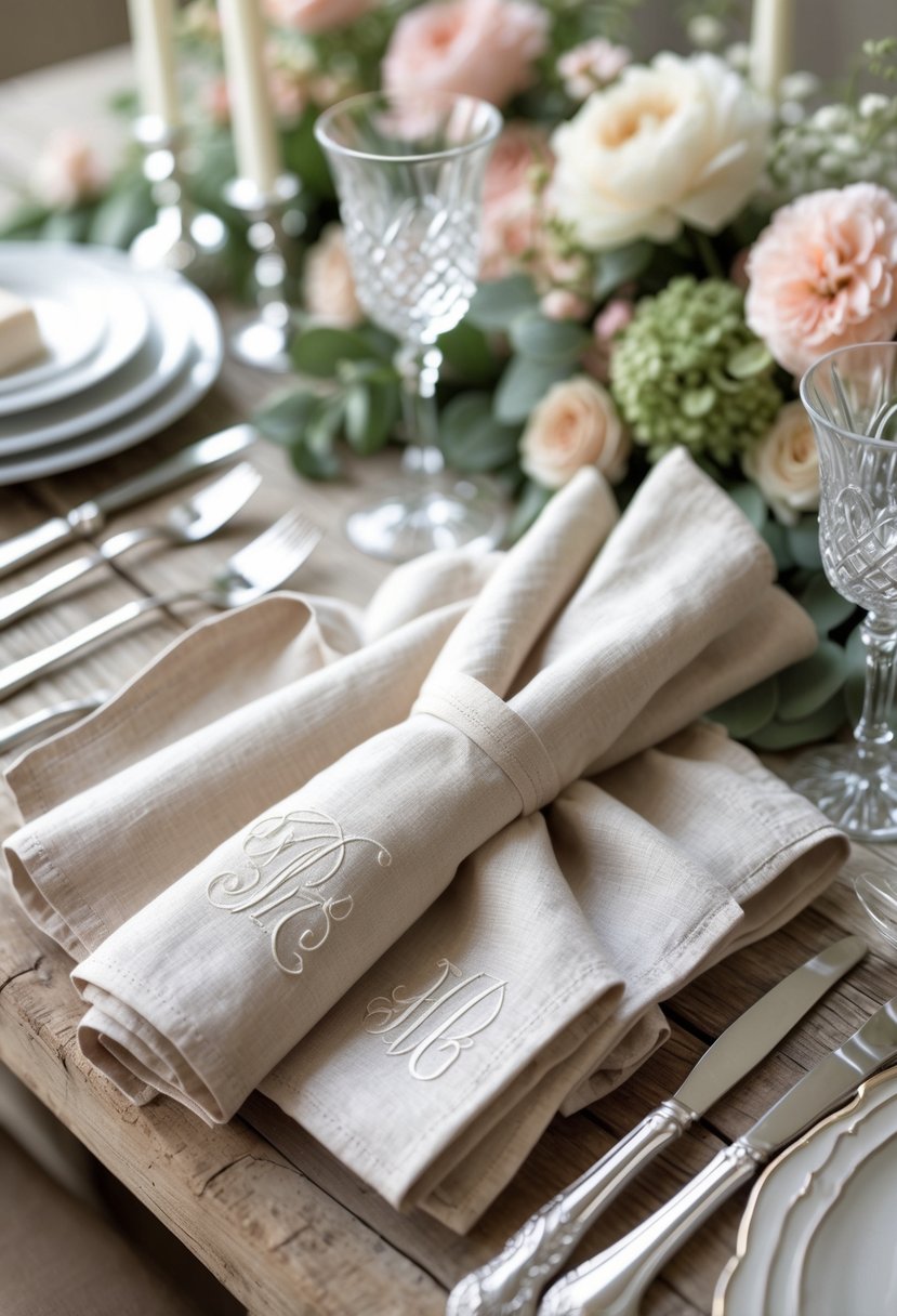 Monogrammed linen napkins folded on a wooden table with floral arrangements, plates, cutlery, and glassware set for a wedding shower.