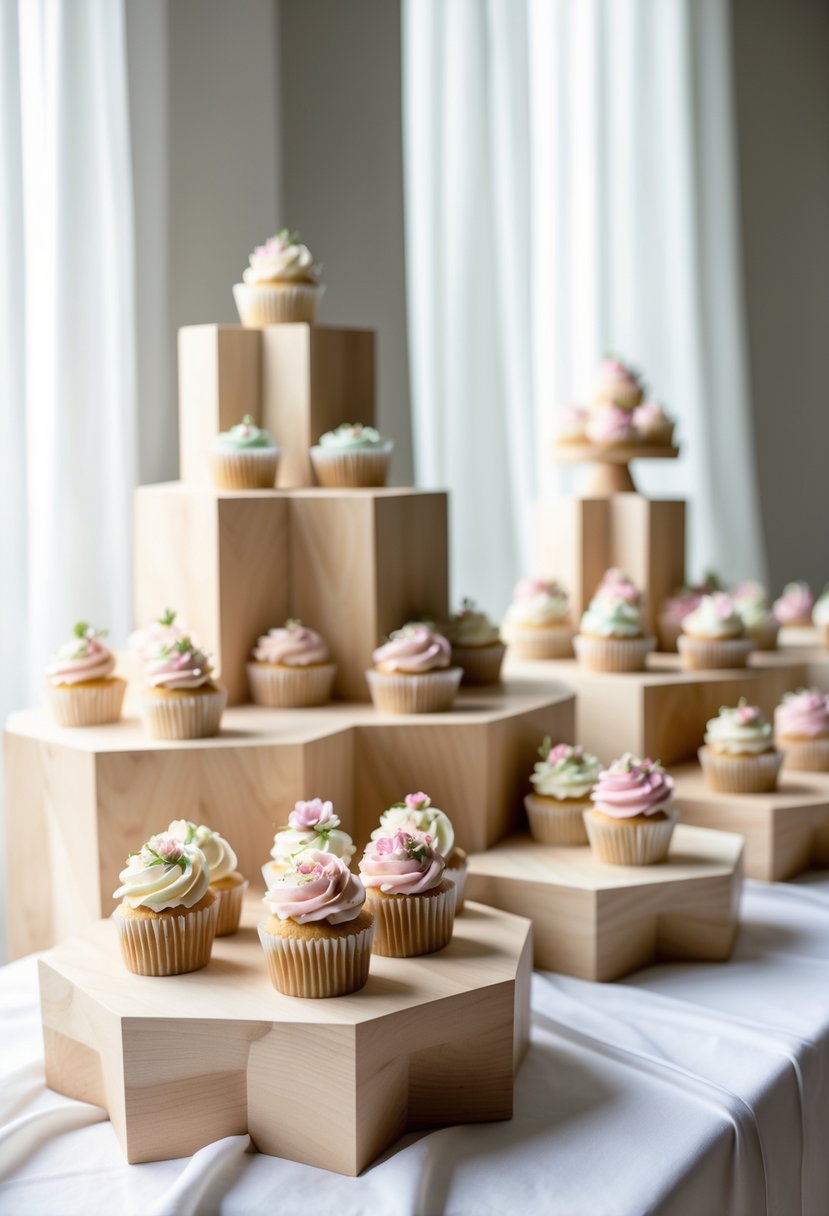 A wedding cupcake display with hexagonal wooden stands holding decorated cupcakes on a white table.