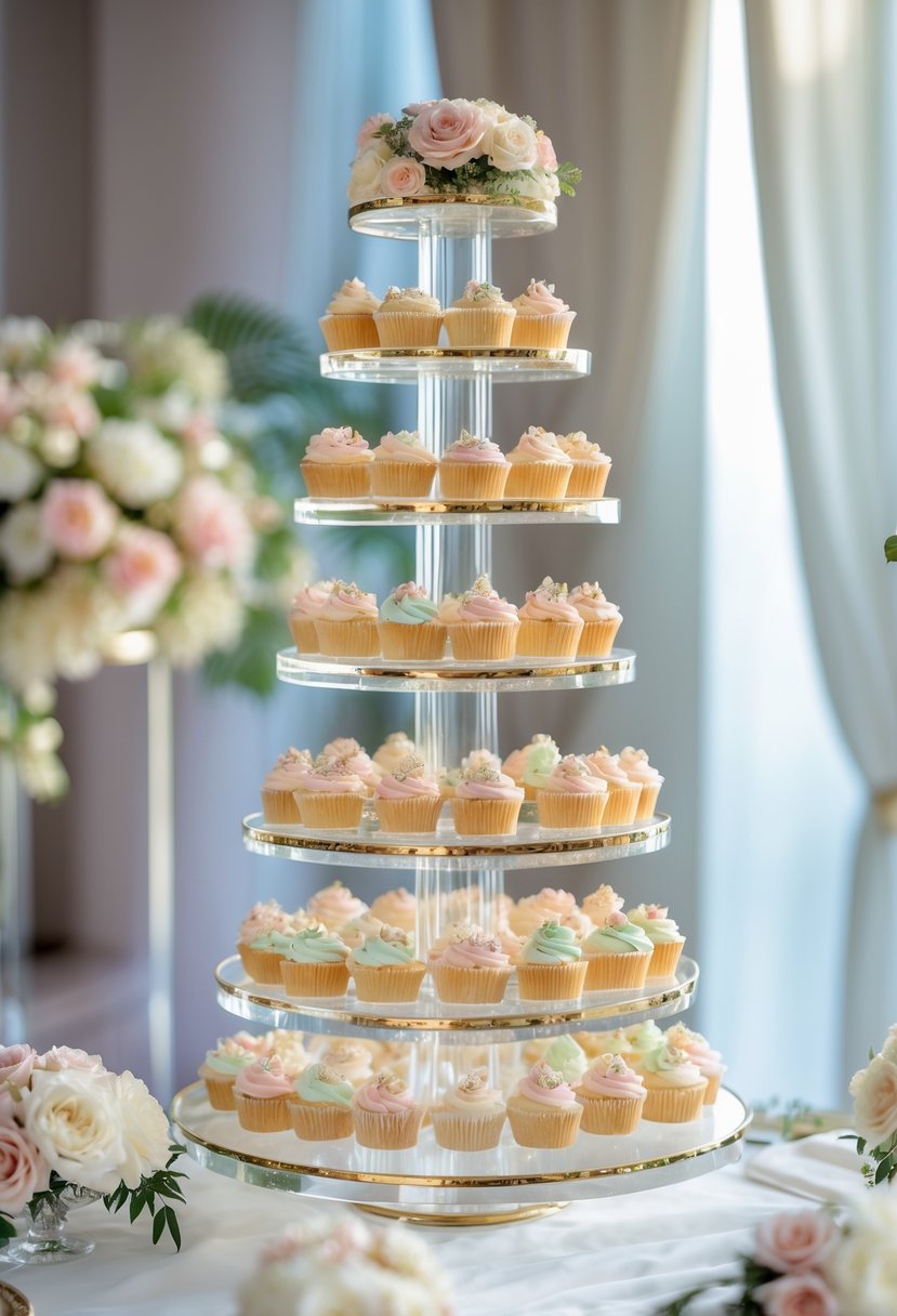 A clear glass cupcake tower with gold trim holding decorated cupcakes at a wedding reception.
