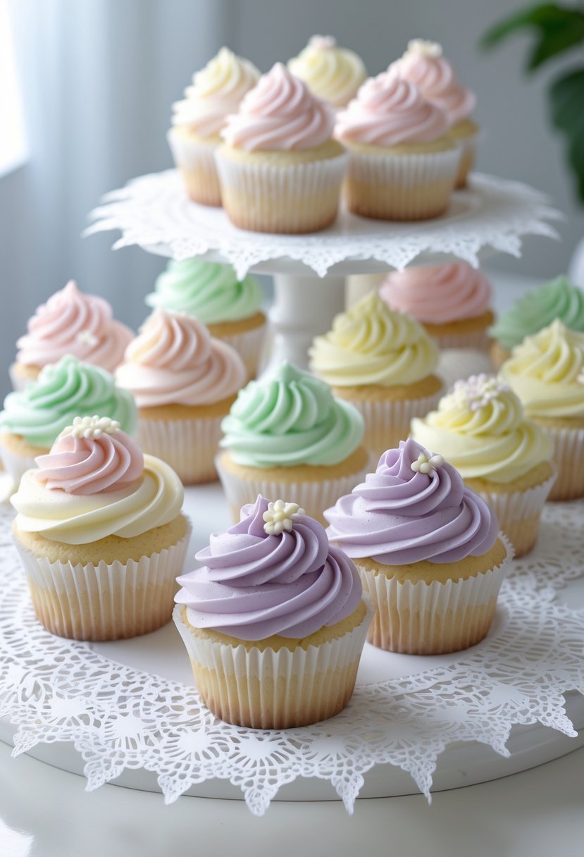 White trays covered with lace doilies holding pastel-colored cupcakes arranged for a wedding display.