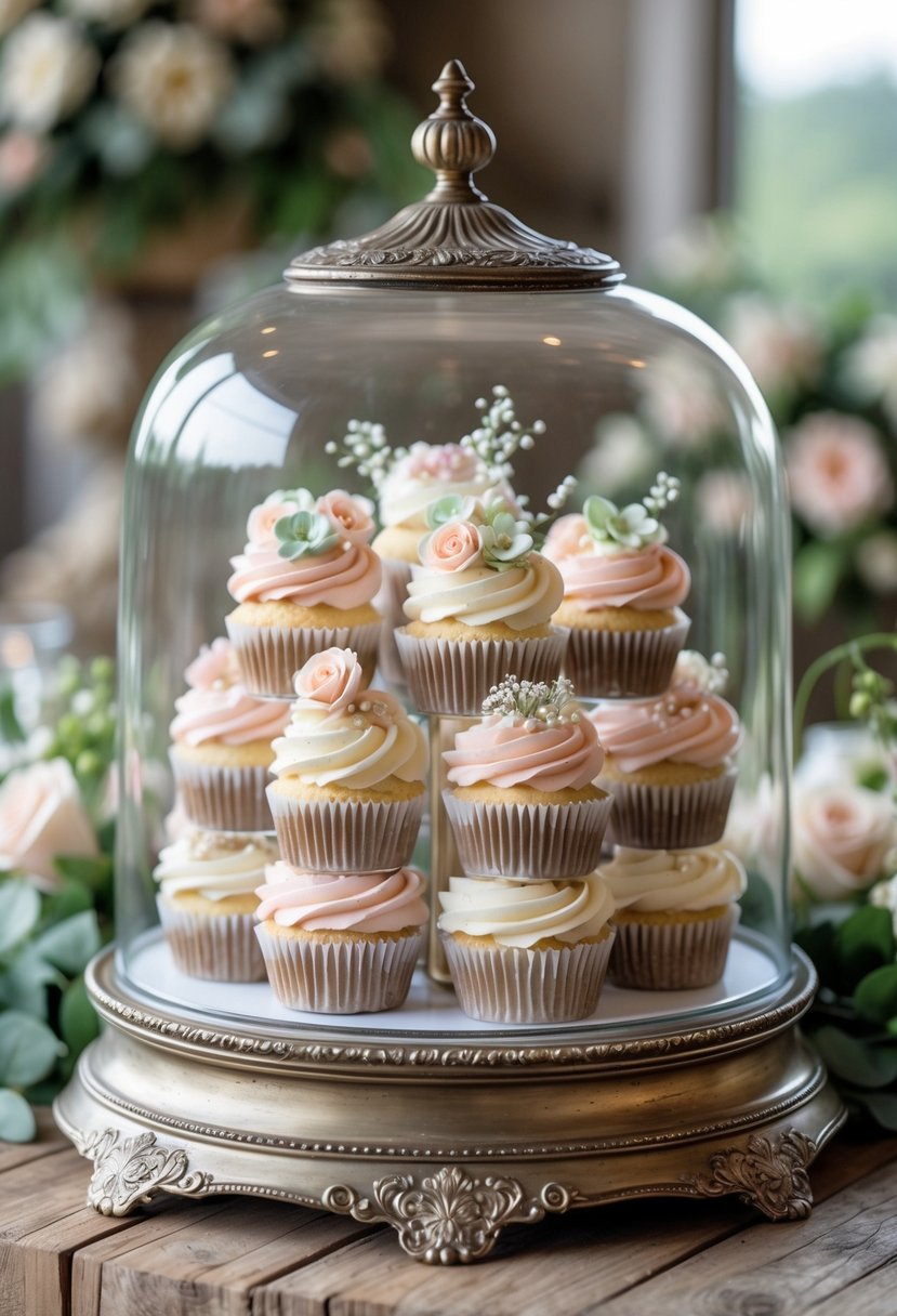 A glass cake dome stand with decorated wedding cupcakes on a wooden table in a softly lit setting.