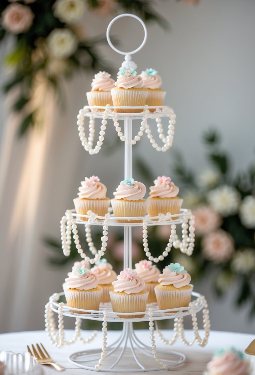White wire cupcake holder decorated with pearl garlands holding several cupcakes.