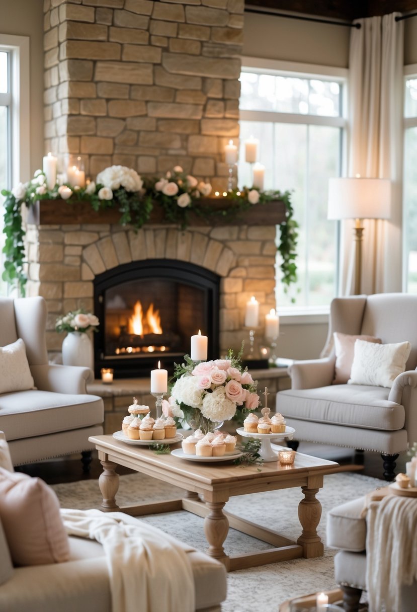 A cozy lounge area with a stone fireplace, comfortable seating, floral decorations, and a dessert table set up for a wedding shower.