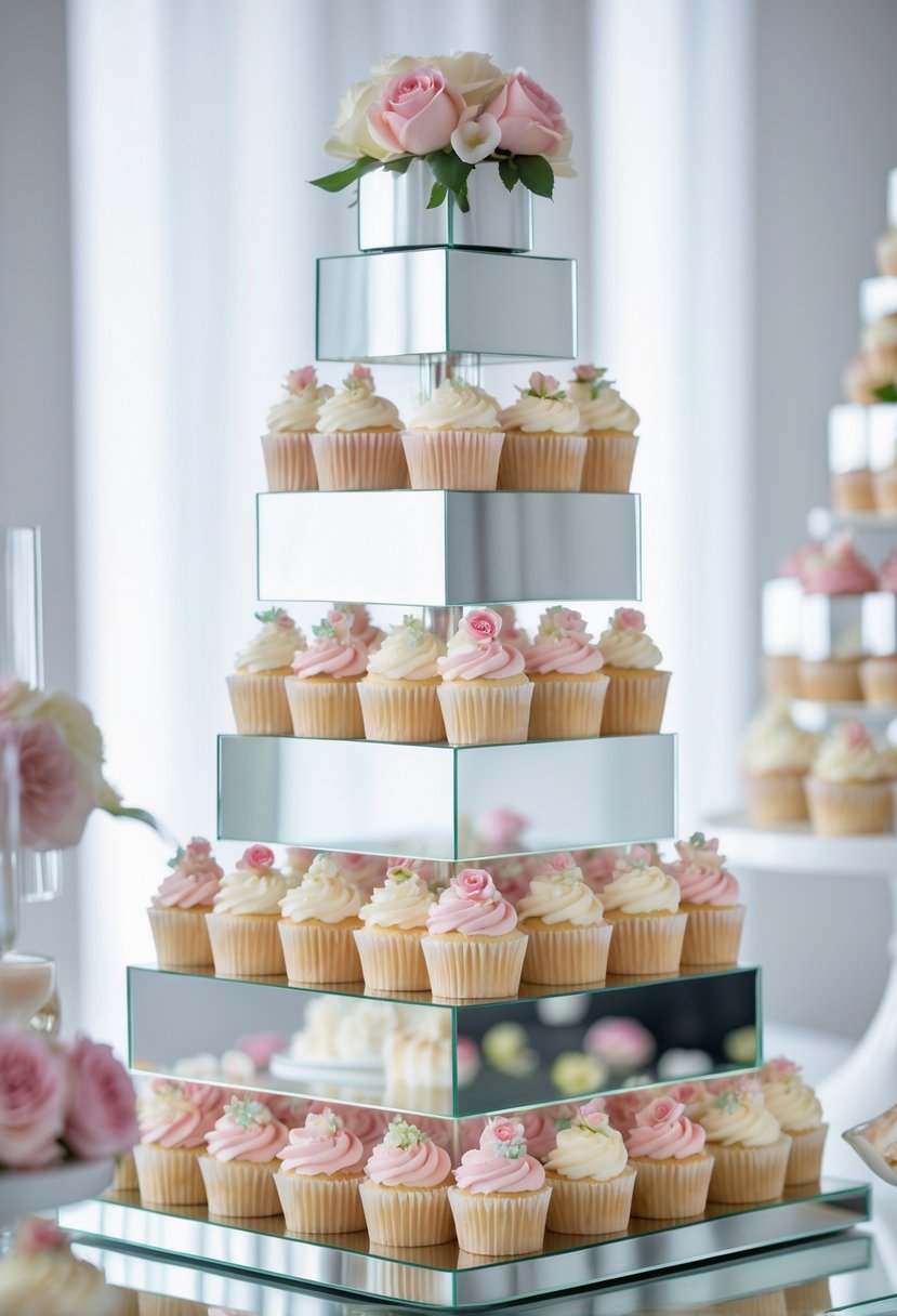 A mirrored cascading cupcake tower with decorated cupcakes arranged in multiple tiers at a wedding venue.