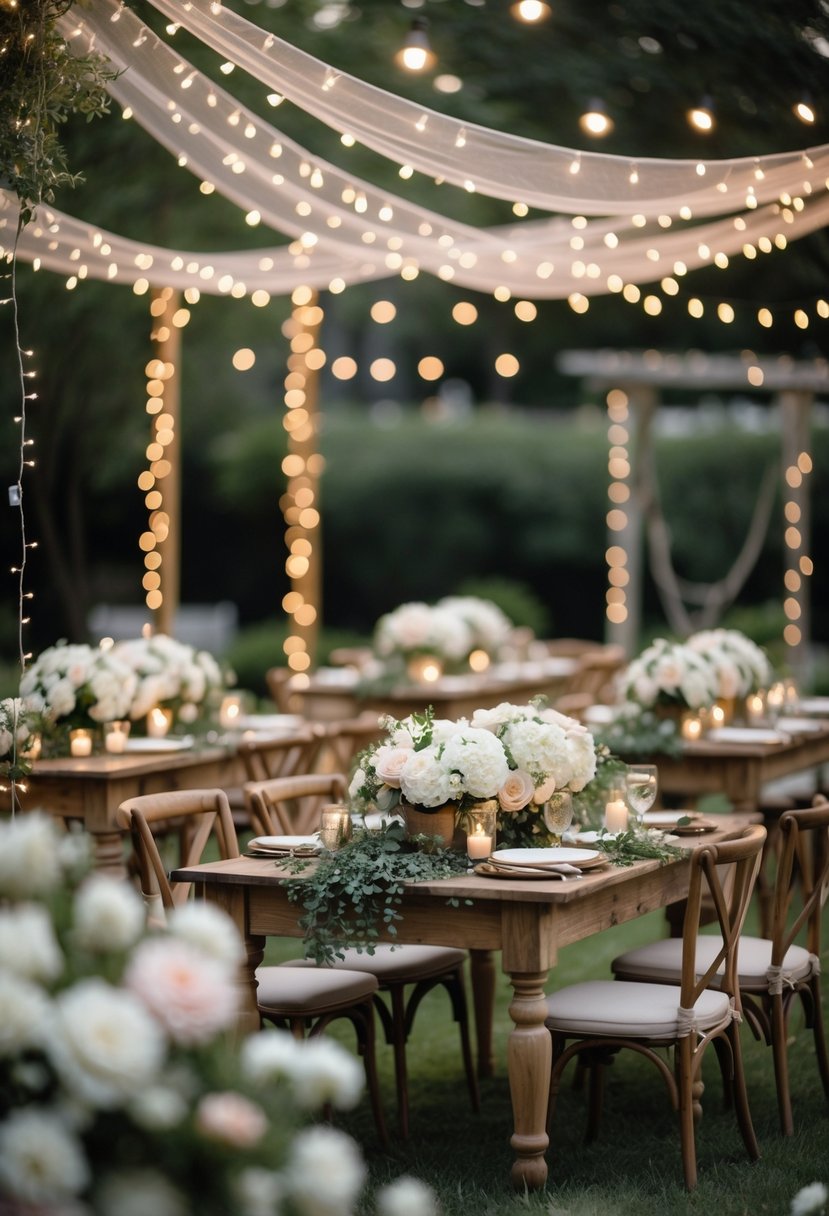 An outdoor wedding shower setup with string lights forming a canopy above decorated tables and chairs surrounded by flowers and greenery.