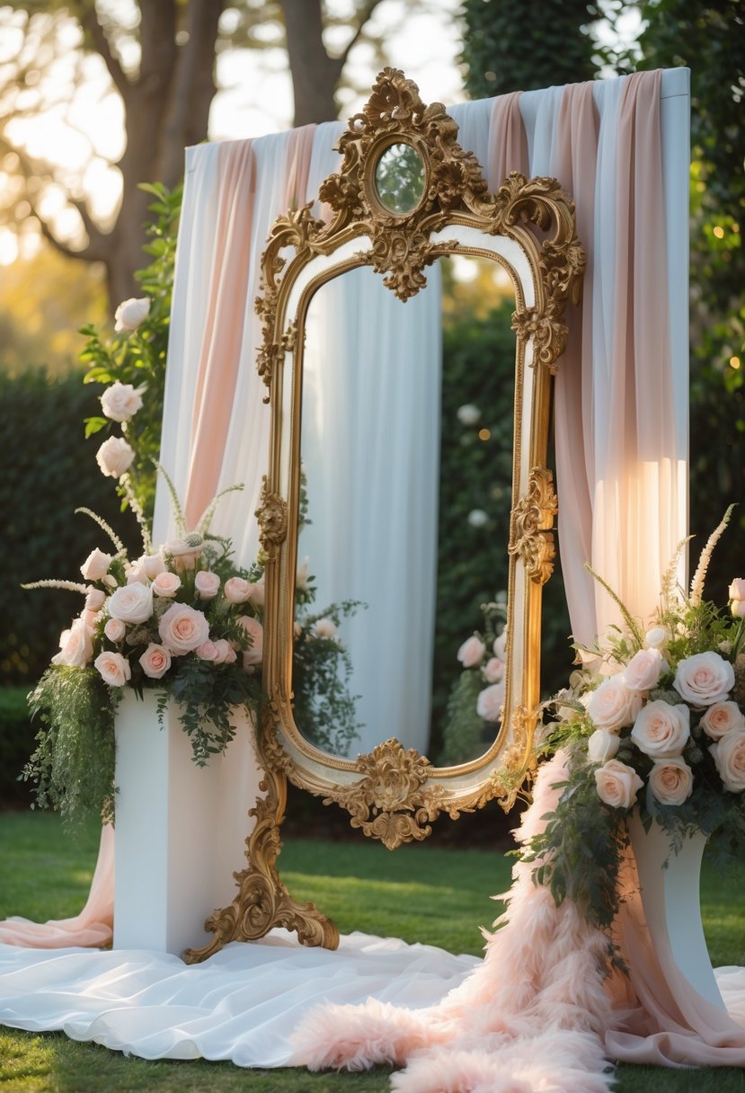 A photo booth setup with a large ornate gold mirror surrounded by flowers and wedding shower decorations in a garden setting.