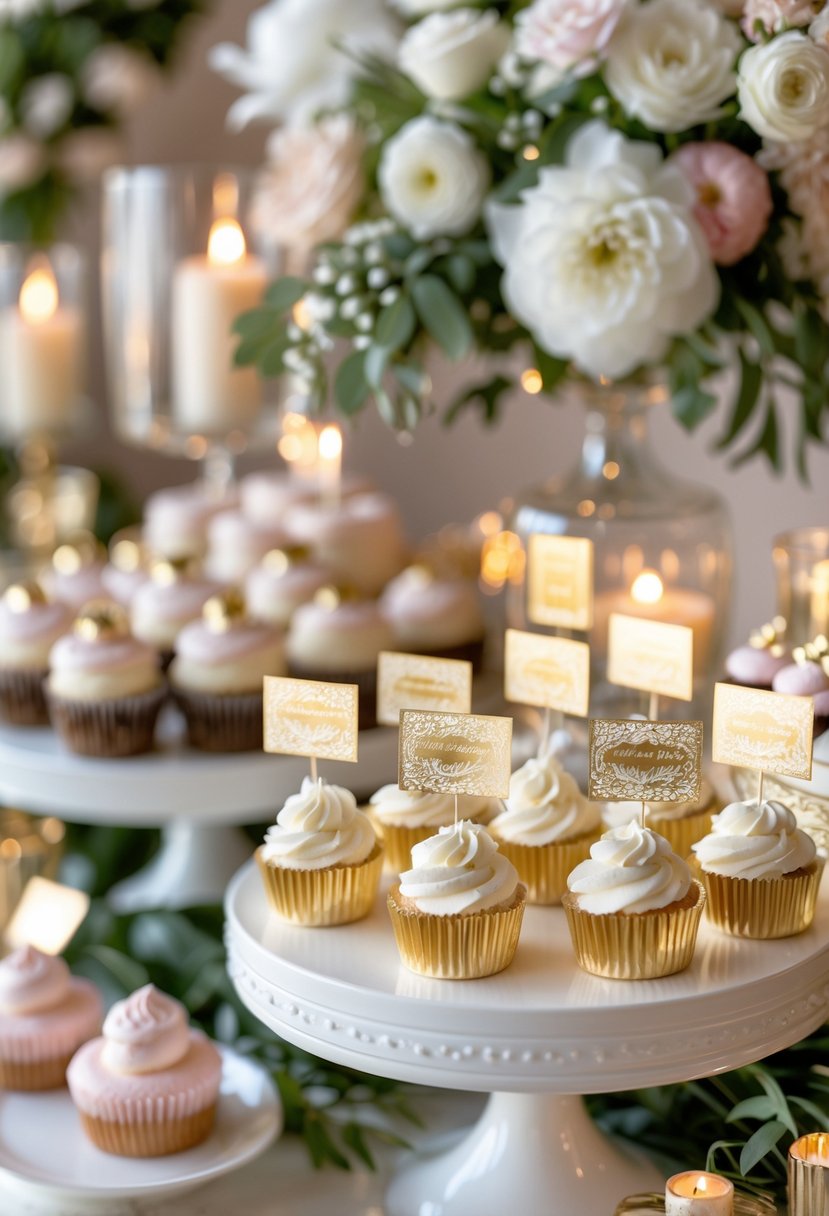 A dessert table with various sweets decorated with gold foil labels, surrounded by flowers and greenery.