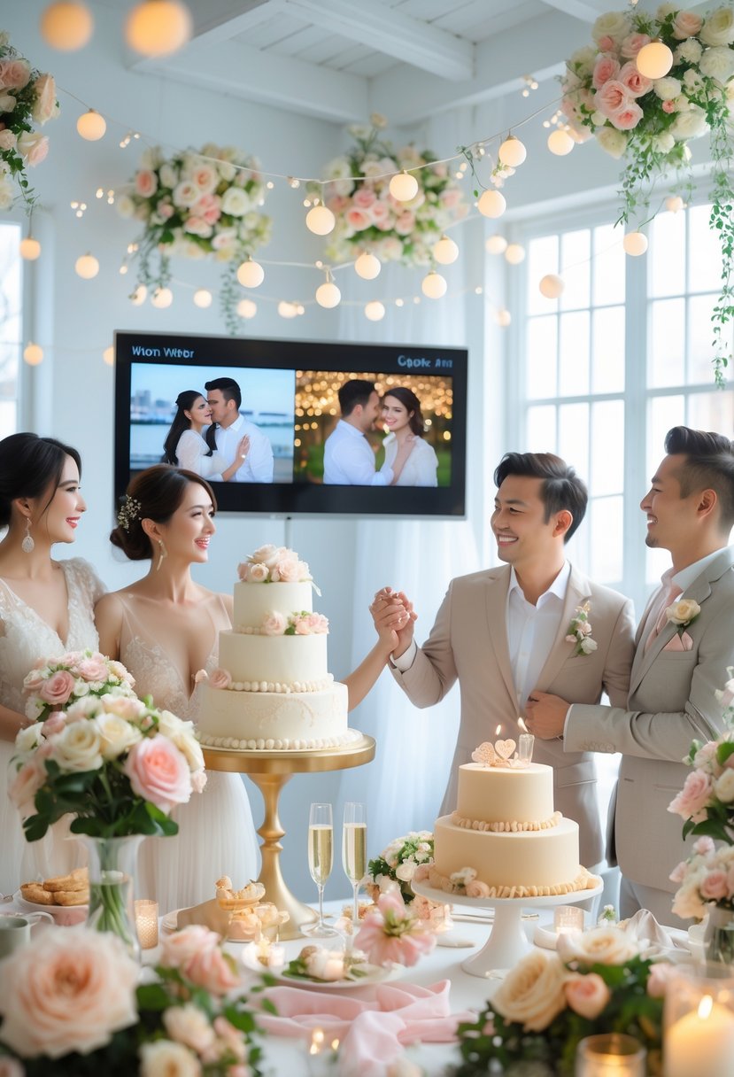 A happy couple surrounded by friends and family at a wedding shower with flowers, decorations, and a slideshow screen in the background.