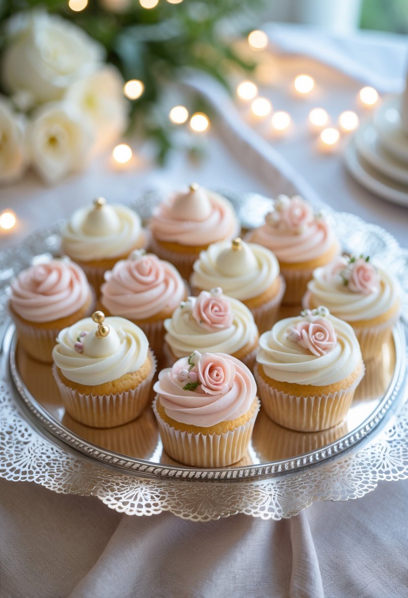 A polished silver tray with lace doilies displaying decorated wedding cupcakes on a table.