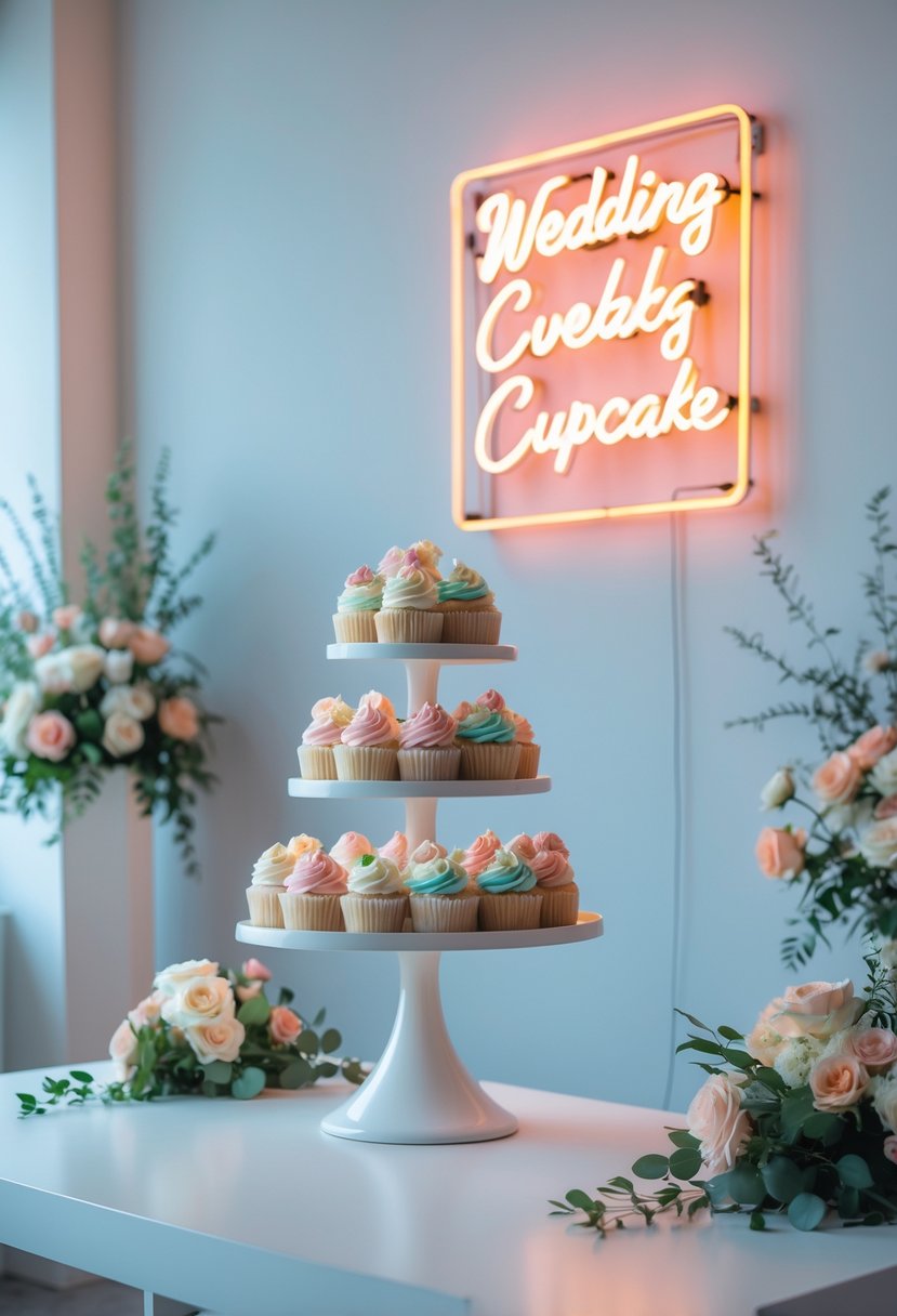 A wedding cupcake display with a multi-tiered stand holding pastel-colored cupcakes in front of a glowing neon sign backdrop, decorated with flowers and greenery.