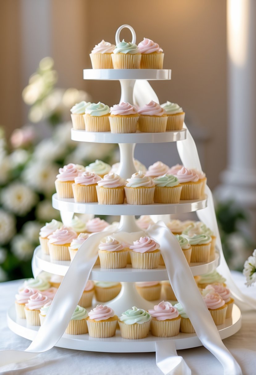 White tiered cupcake stand decorated with white silk ribbons holding wedding cupcakes.