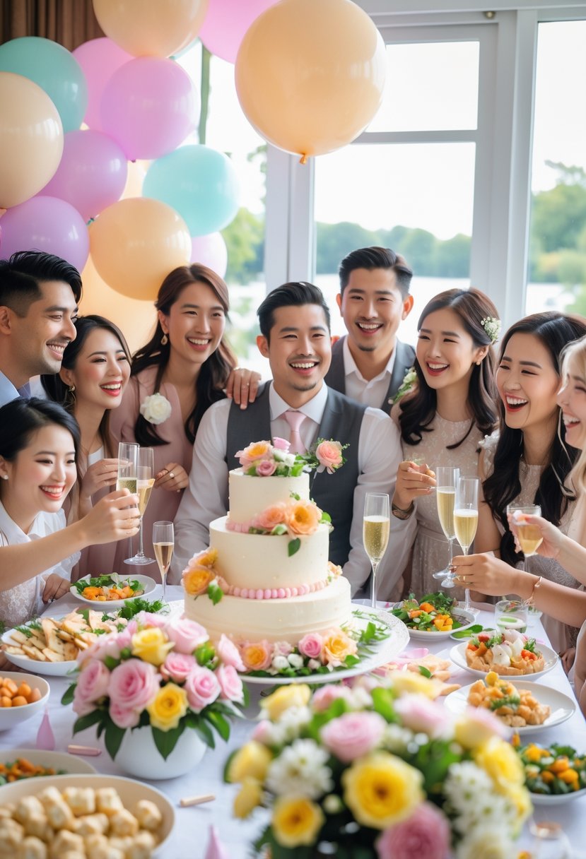 A happy couple surrounded by friends and family at a decorated indoor wedding shower with balloons, flowers, food, and guests enjoying the celebration.