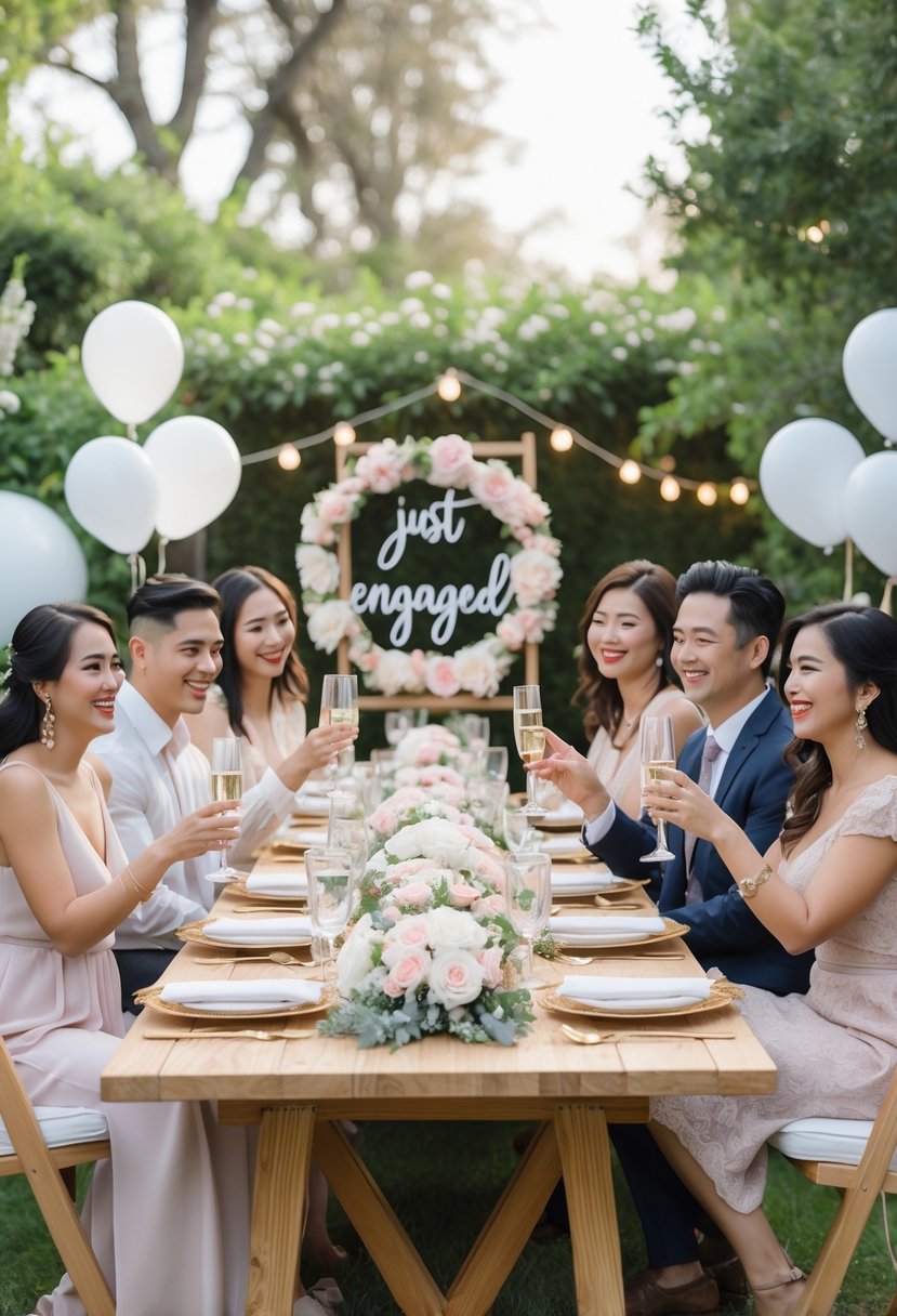 A group of couples enjoying a decorated outdoor wedding shower with a floral table setting and soft natural light.