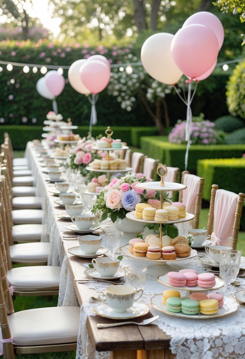 Outdoor garden tea party setup with a decorated table featuring flowers, teacups, pastries, and chairs surrounded by greenery and soft sunlight.