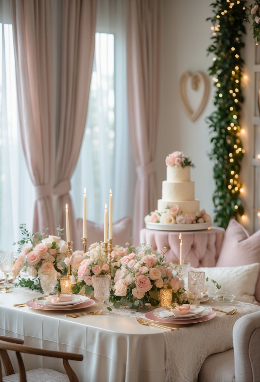 A decorated indoor wedding shower setup with flowers, candles, a tiered cake, and cozy seating in a softly lit room.